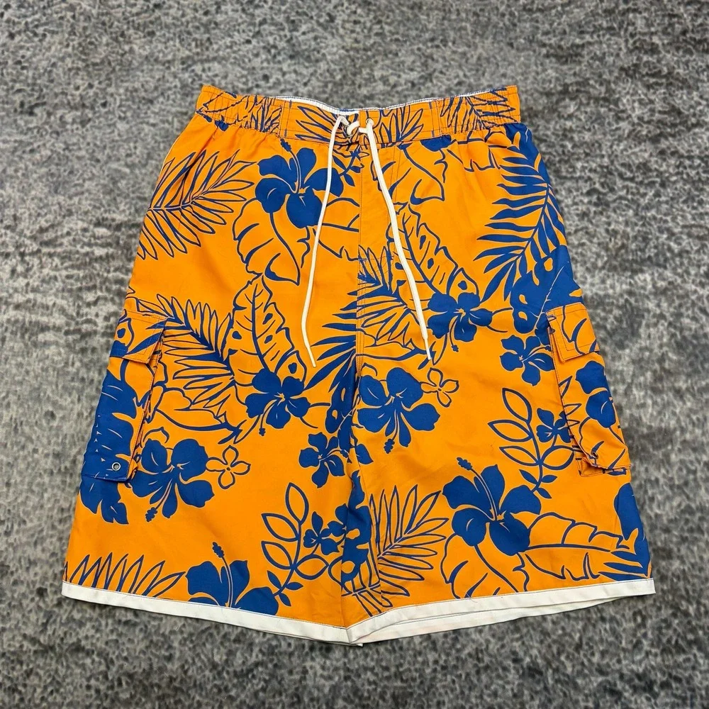 NWT VTG Polo Ralph Lauren Board Shorts Youth Medium Orange Blue Tropical Flora